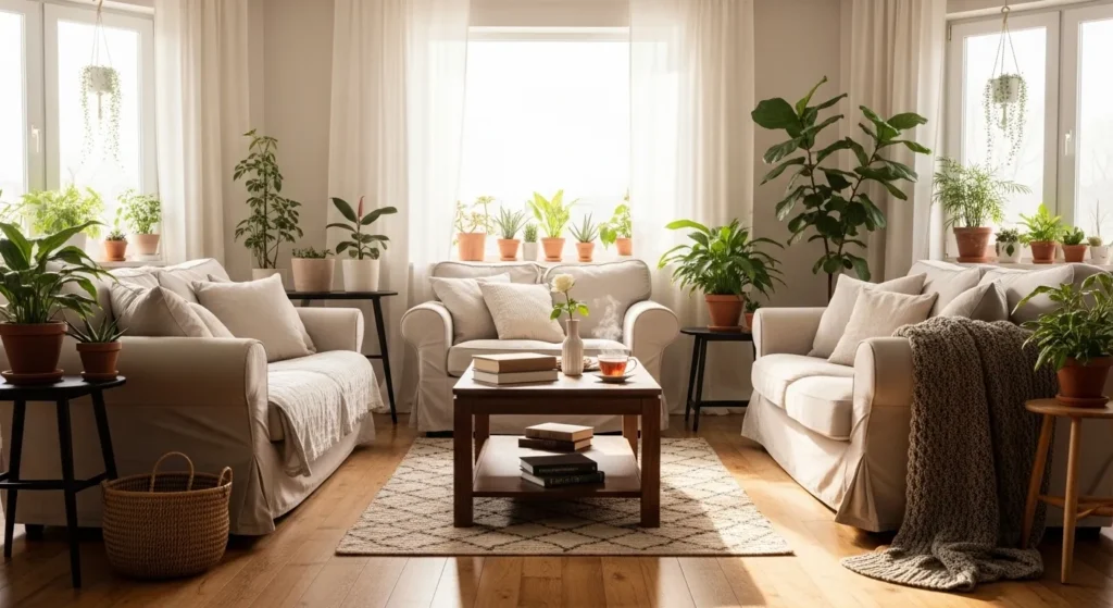 A wide interior view of a cozy, sunlit living room with no people, featuring comfortable furniture, books, and houseplants.