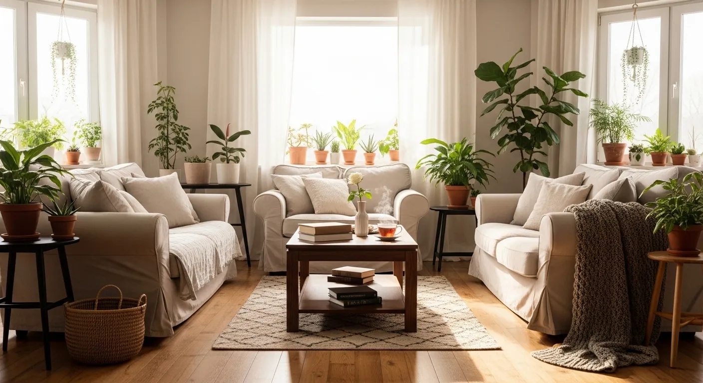 A wide interior view of a cozy, sunlit living room with no people, featuring comfortable furniture, books, and houseplants.