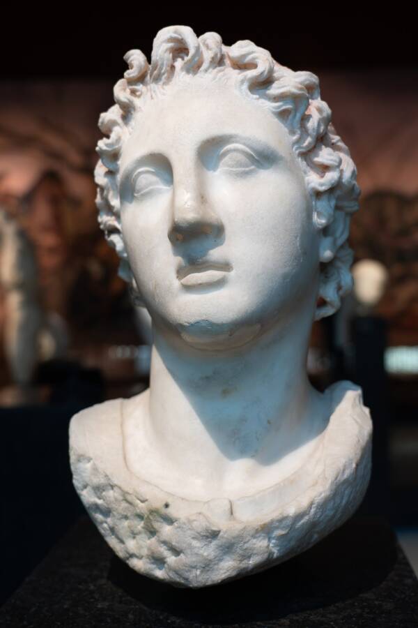 Bust of Alexander the Great in the collections of the Istanbul Archaeological Museums. Made from Marble in 2nd century BC. Cyme (Namurtkale,