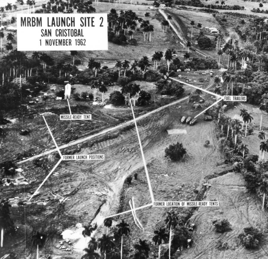 U.S. aerial reconnaissance photograph of a medium range ballistic missile launch site at San Cristobal in Cuba , on 1 November 1962 du