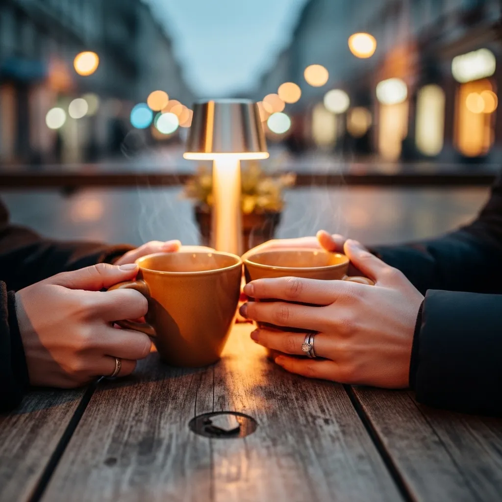 A close-up view of two people's hands holding ceramic mugs on an outdoor cafe table in the evening, with a soft, warm light.