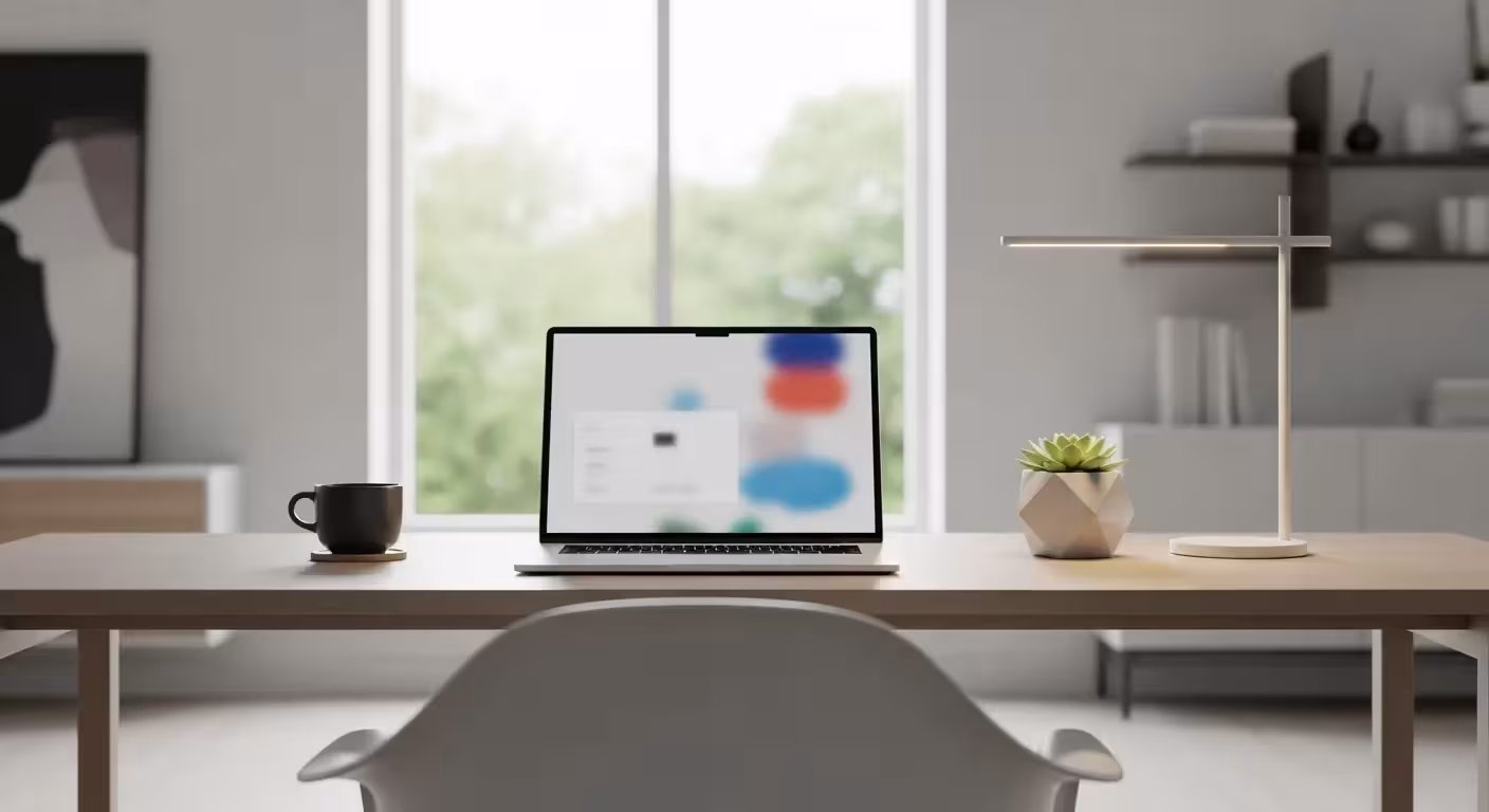 Wide view of a clean, modern desk with a generic laptop showing a blurred user interface, set in a brightly lit room with natural daylight.