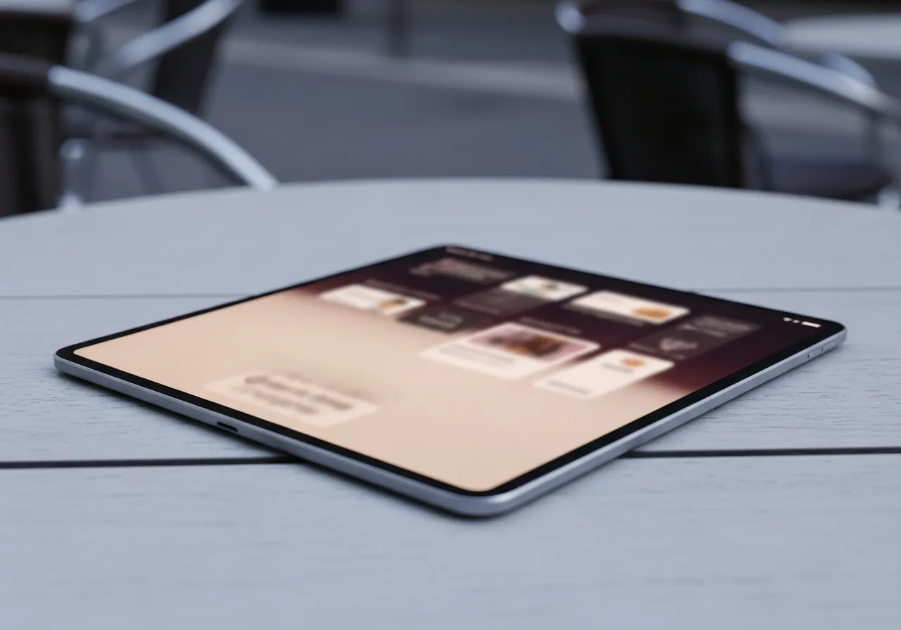 A medium shot of a generic modern tablet on an outdoor table. The screen is on but the user interface is blurred. The lighting is overcast.