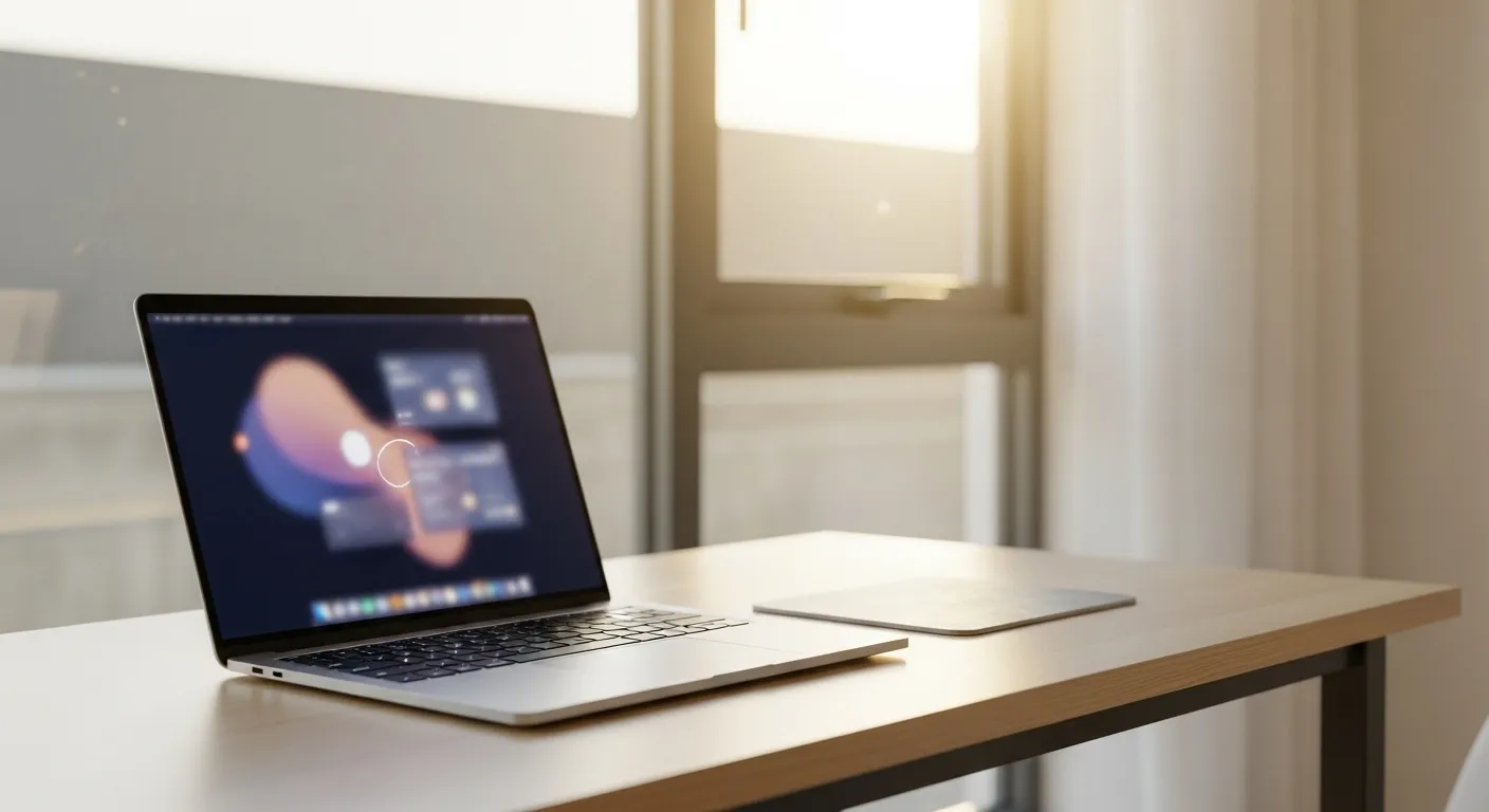 A wide view of a modern desk setup in daylight, featuring an open laptop with a blurred screen. No people are visible.