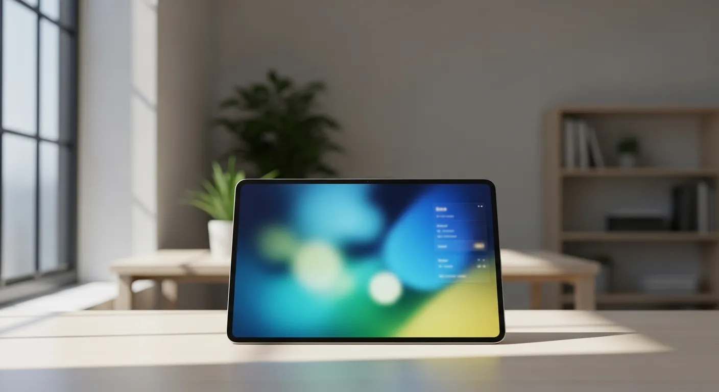 Wide view of a generic tablet or laptop computer on a desk. The screen shows a blurred, abstract user interface. The device has no visible brand logos