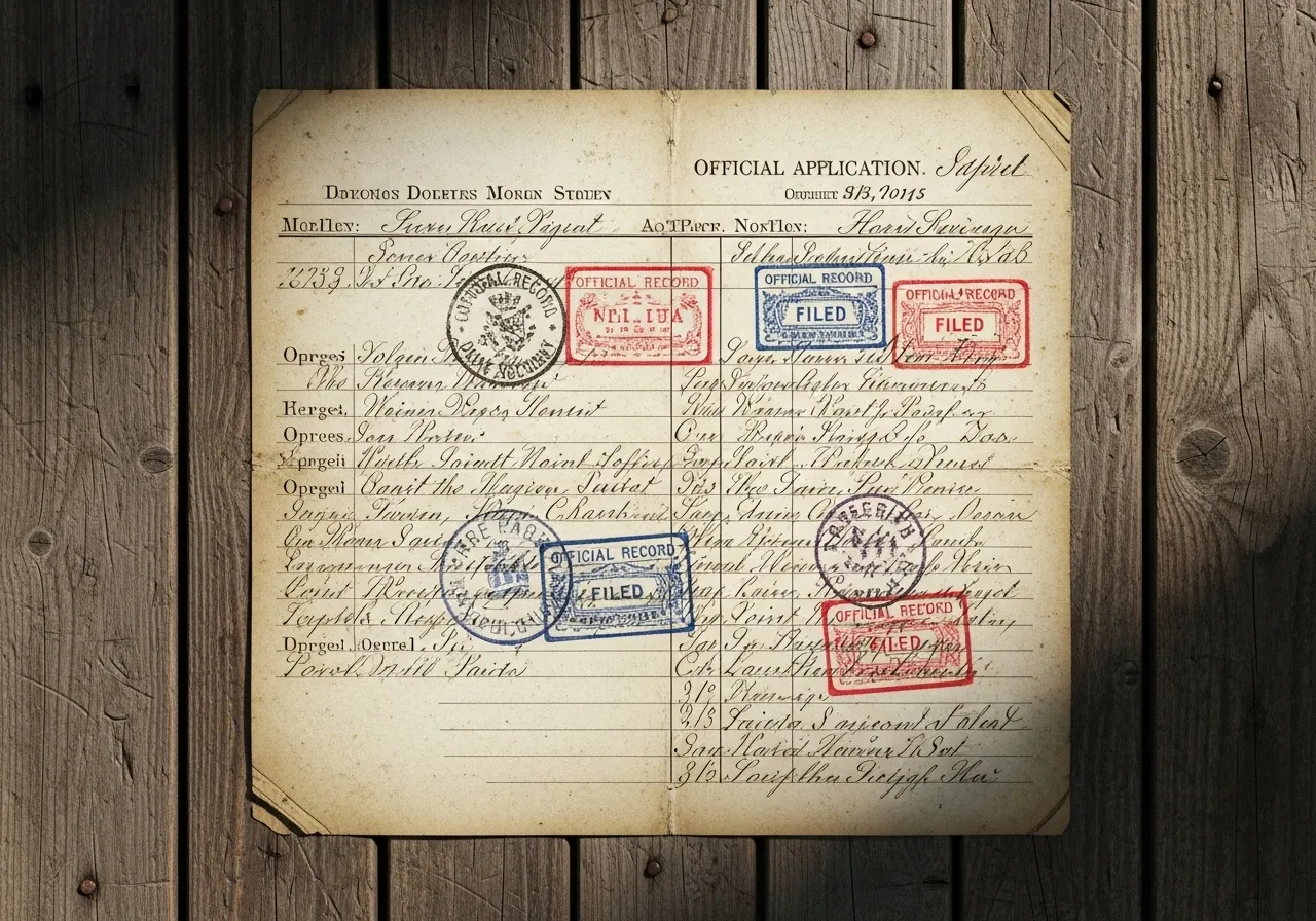 Medium view of a historical document or form, with handwritten script and official stamps, resting on a plain surface under soft, natural light.