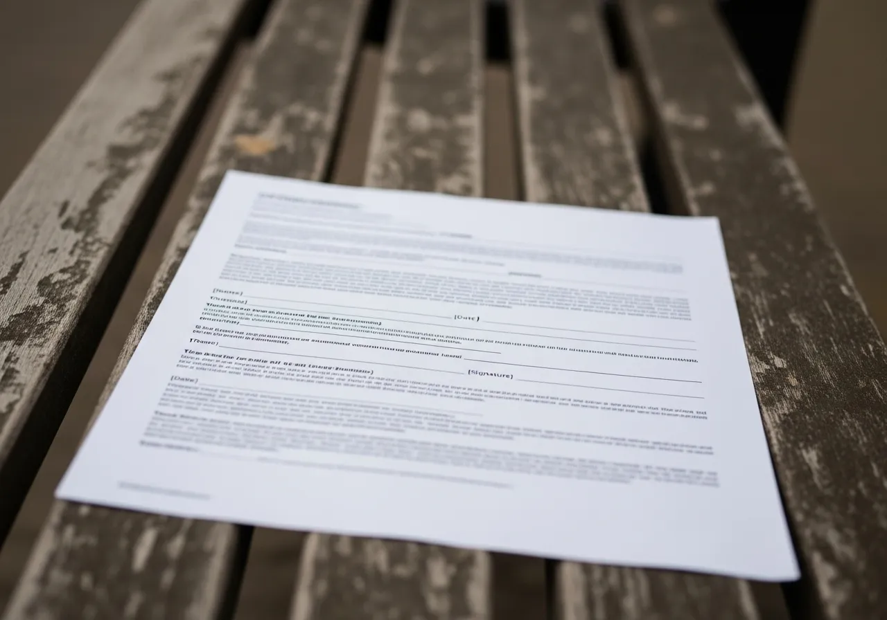 Medium shot of a generic form with blurred text lying on a rustic wooden bench outdoors, with soft, overcast light and no people visible.
