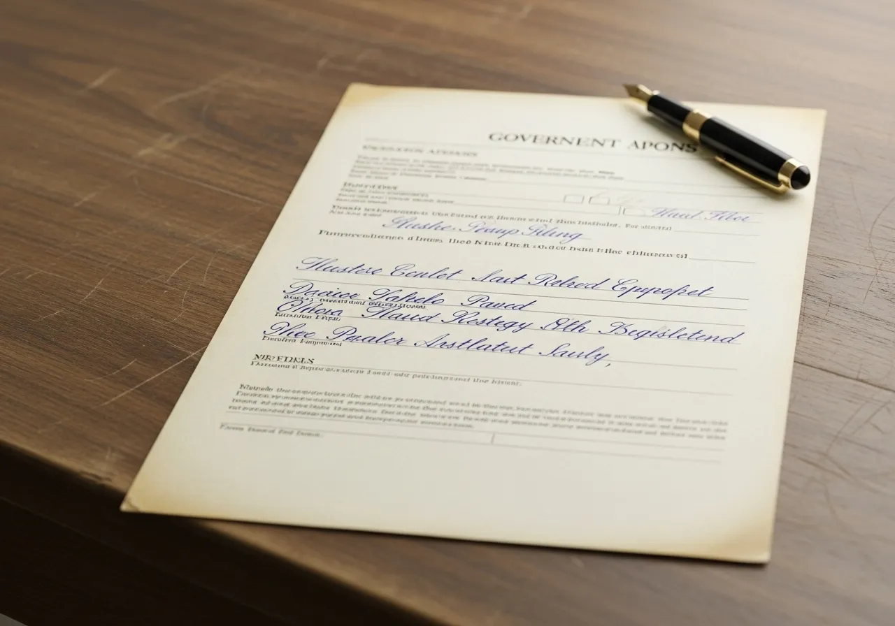 A medium shot of a vintage document or form on a wooden surface, with soft, overcast-style lighting and no people.