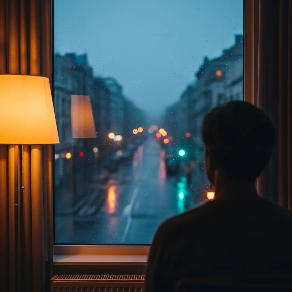 Detail view from behind an unidentifiable person's silhouette as they look out a window at a city street during the evening, lit by a soft lamp from i