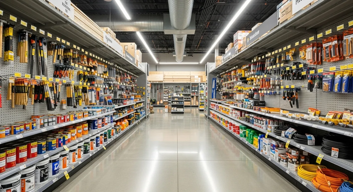 A wide interior view of a brightly lit home hardware store, showing aisles stocked with tools, paint, and various home improvement supplies.