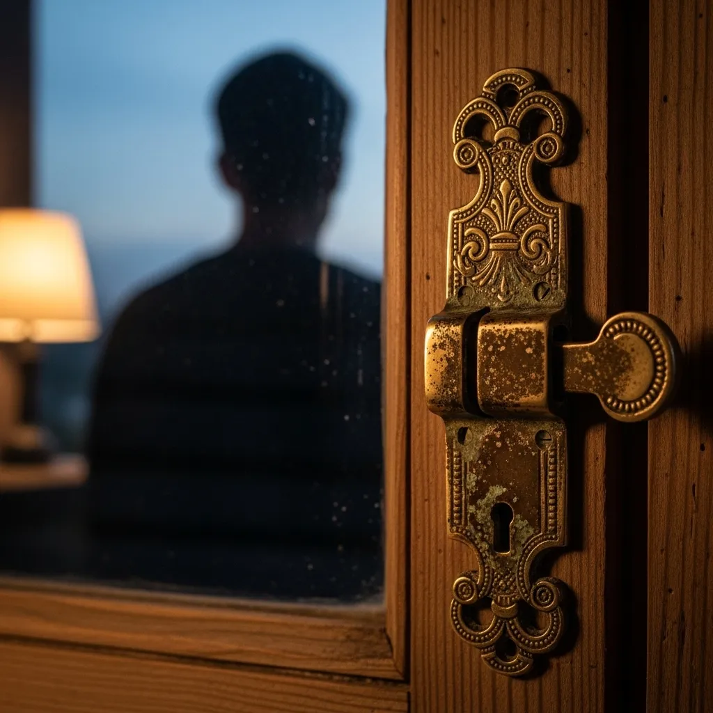 Close-up, square-format photo of an antique brass window latch, illuminated by a warm lamp, with the soft-focus silhouette of a person looking out the