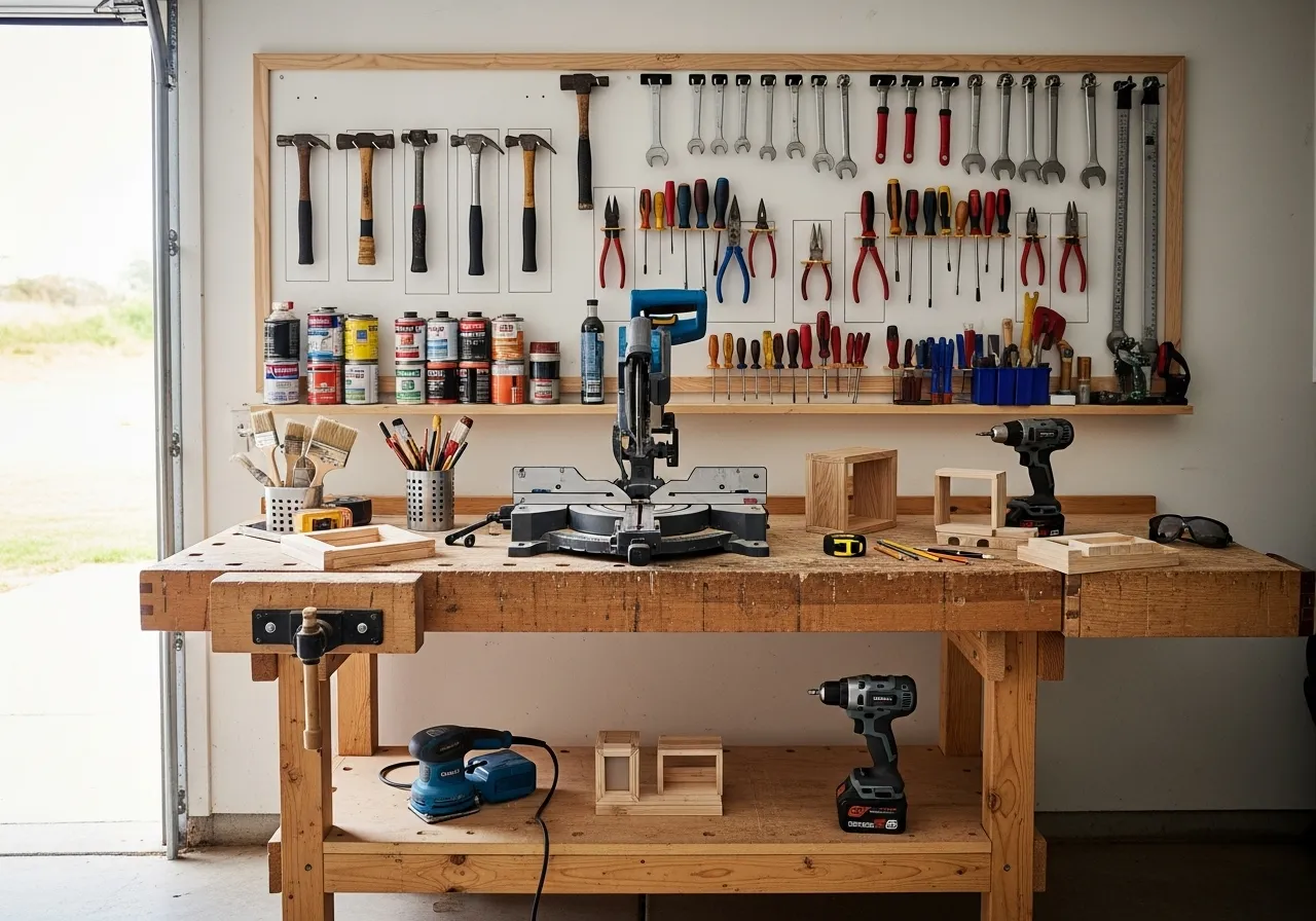 A medium view of a tidy home workshop workbench, lit by soft, overcast light from an open door. Tools are arranged on a pegboard, and a woodworking pr