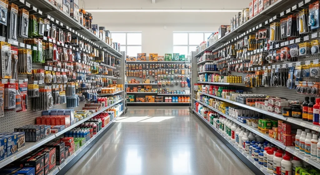 Wide view of a brightly lit, modern hardware store aisle. The shelves are neatly stocked with a variety of tools and supplies, and the environment is