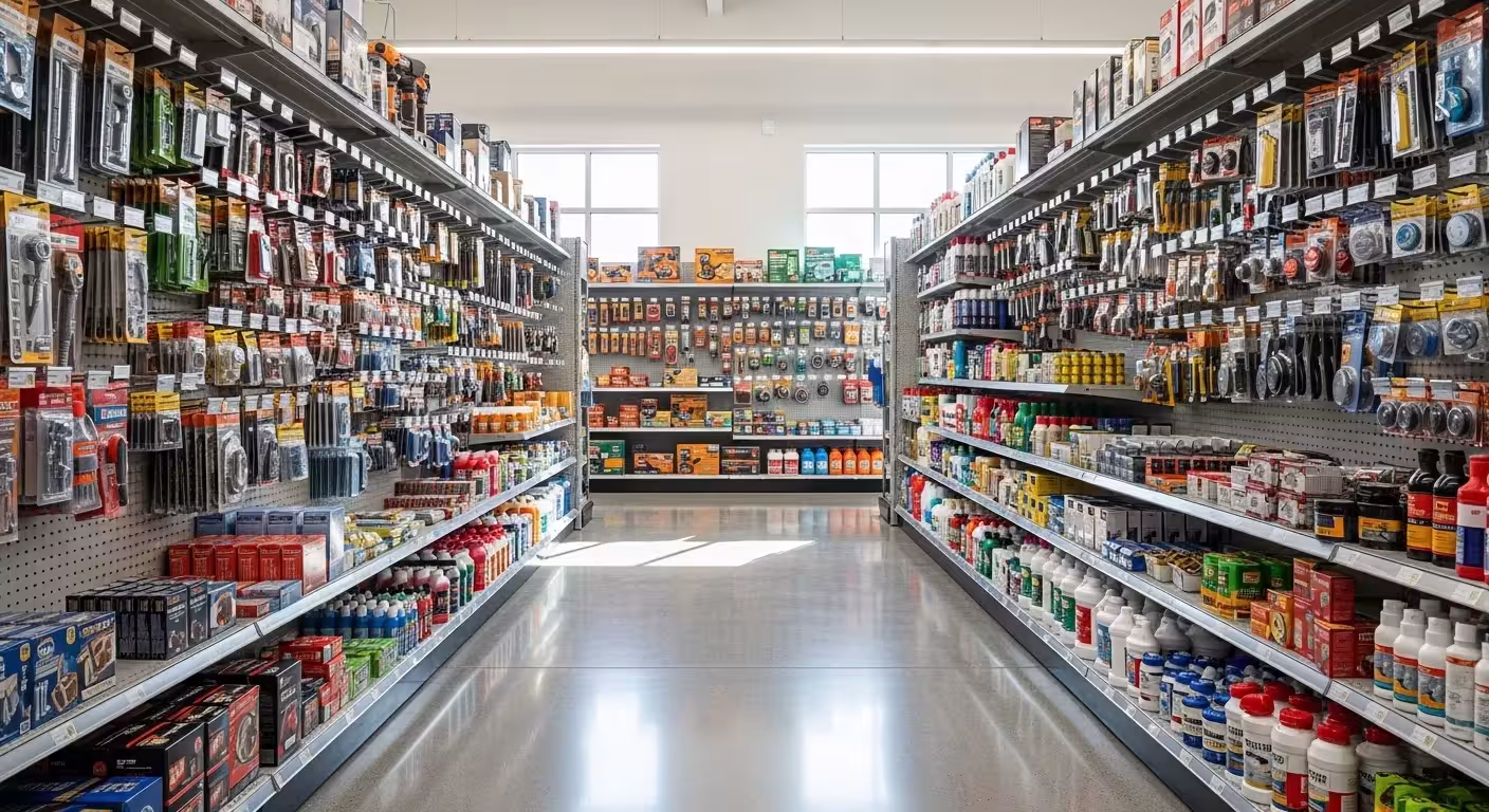 Wide view of a brightly lit, modern hardware store aisle. The shelves are neatly stocked with a variety of tools and supplies, and the environment is
