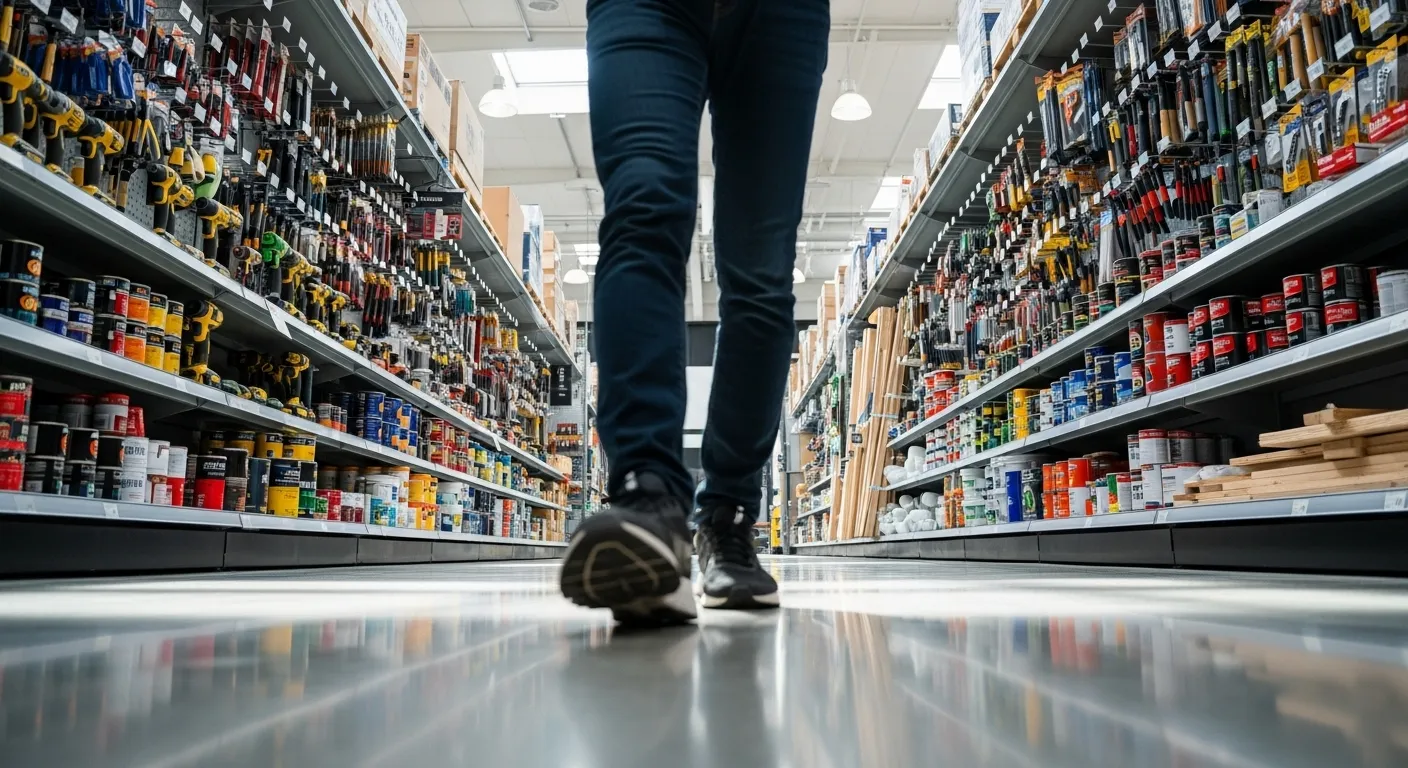 A wide, daylit interior view of a home hardware store aisle, with shelves full of products. The lower legs and feet of a person walking are visible in