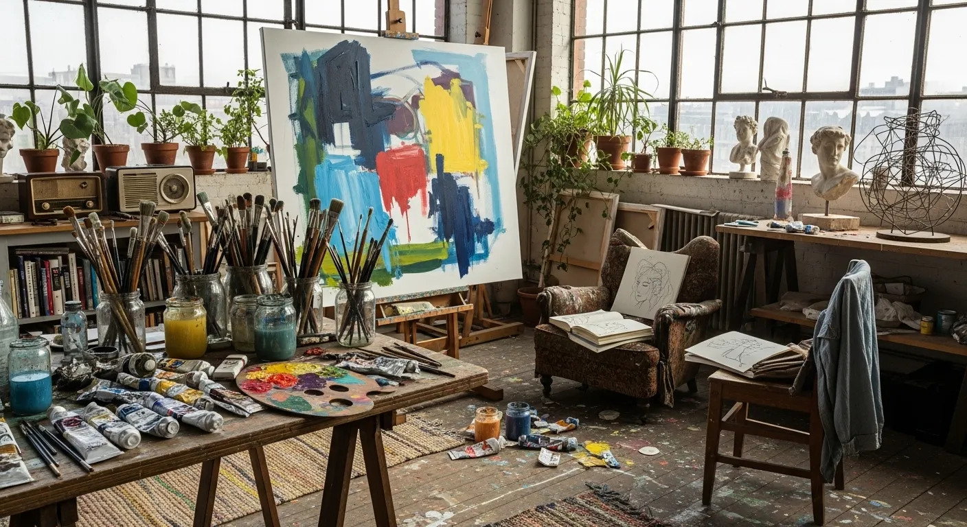 Wide interior shot of a sunlit artist's studio, empty of people but filled with art supplies, including a large painting on an easel, brushes, and pai