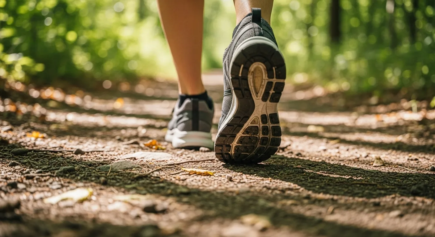 A low-angle, close-up view of someone's feet in walking shoes as they walk on a dirt path in the woods, with the focus on the shoes and the path in th