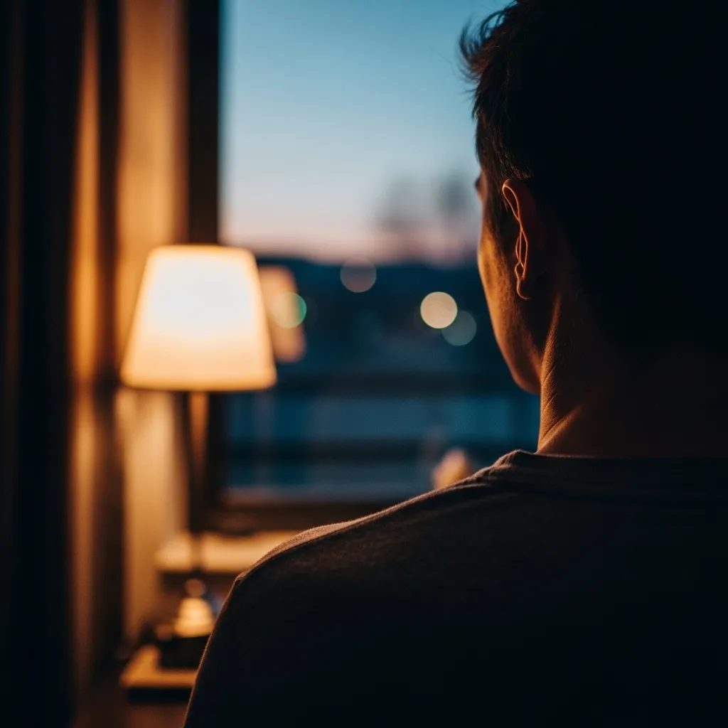 A close-up view from behind of a person's shoulder and head as they look out a window in the evening, with warm interior lamplight.