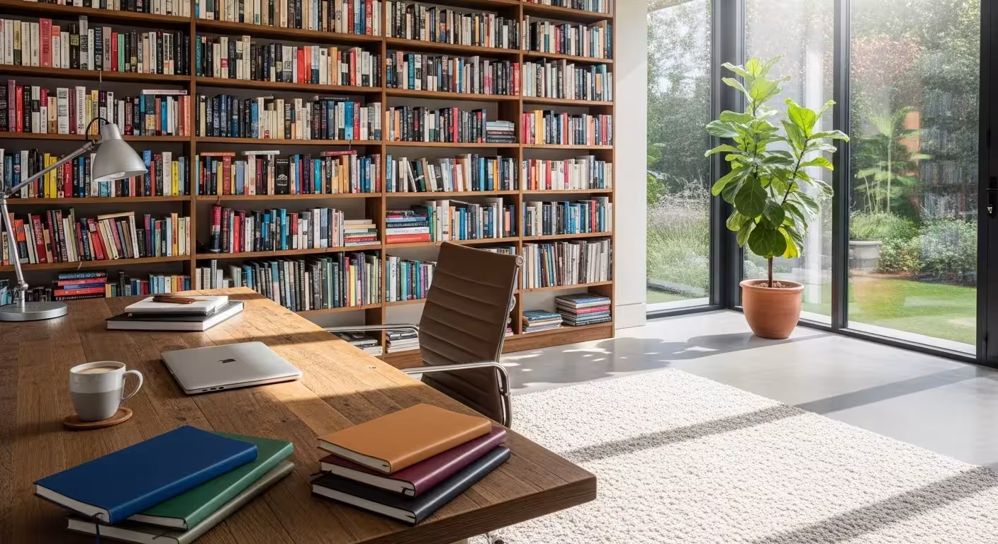 Wide view of a sunlit, modern home office with a desk by the window and bookshelves lining the wall. The room is tidy and empty of people.