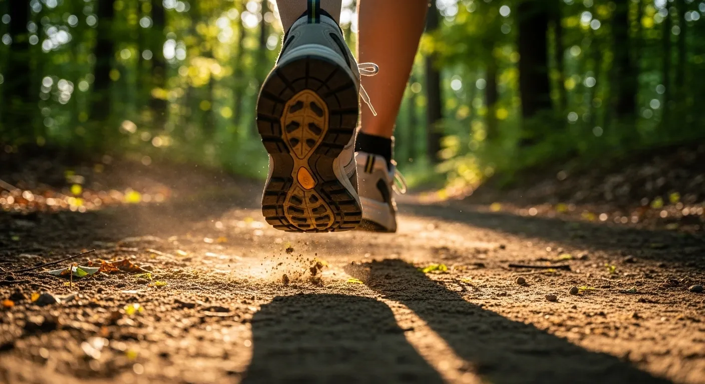 A low-angle, first-person perspective shot of feet in walking shoes taking a step on a sun-dappled forest trail.