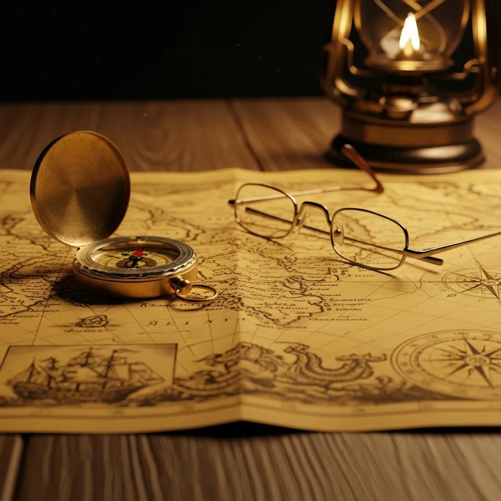 A close-up, still-life detail shot of a vintage map on a wooden table, lit by a warm evening lamp. A compass and reading glasses are also on the map.