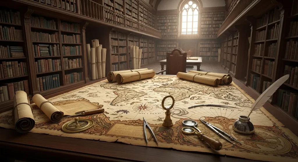 Wide view of a sunlit archival room featuring a large, antique map laid out on a table, surrounded by books and cartography tools. The scene is empty