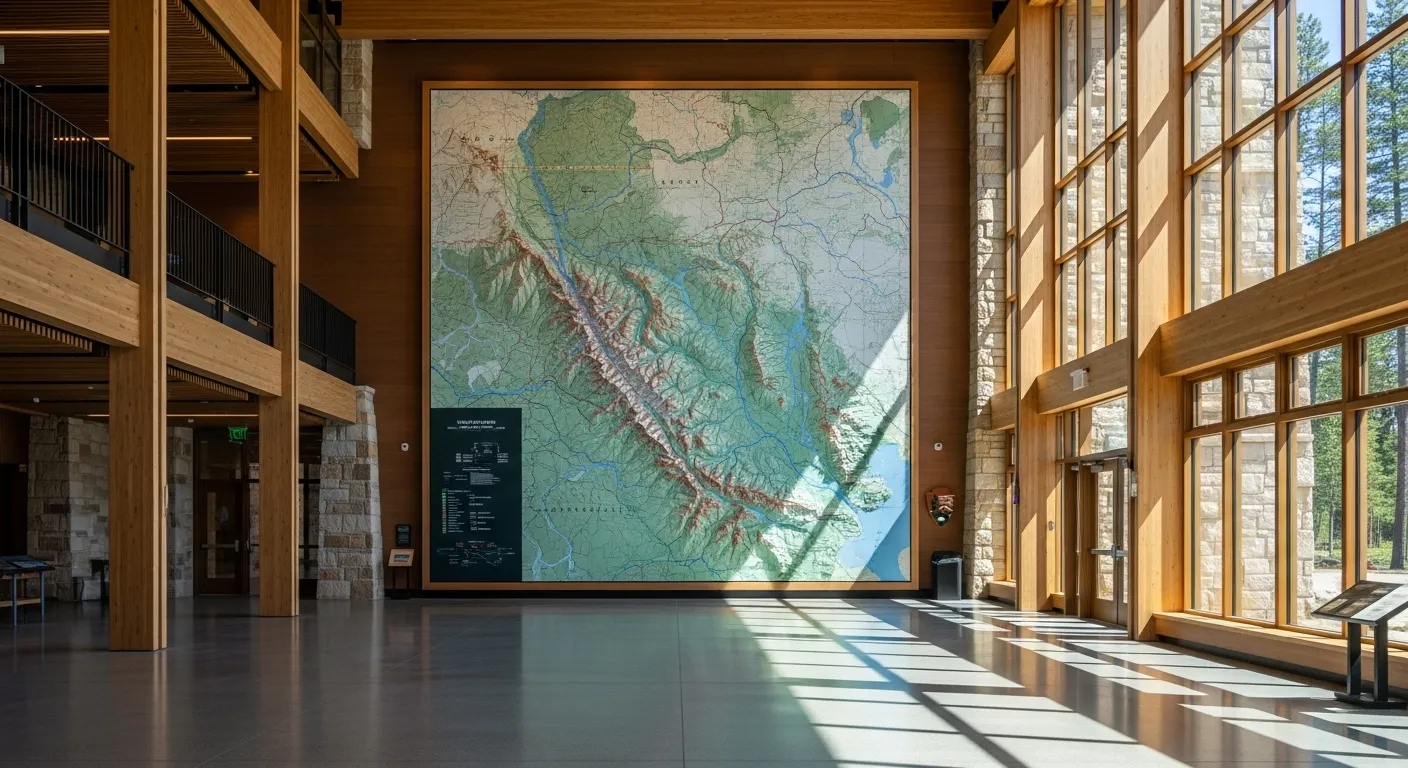 Wide shot of a modern, empty park visitor center, with a large topographical map on a wall illuminated by daylight from large windows.