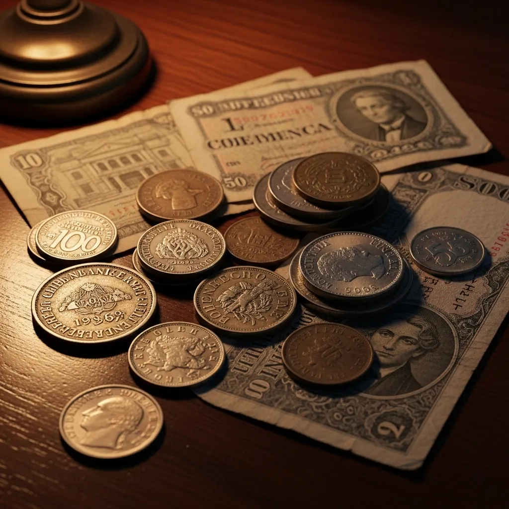 Detail view of a collection of antique coins and old banknotes scattered on a dark surface, illuminated by warm, soft light from the side.