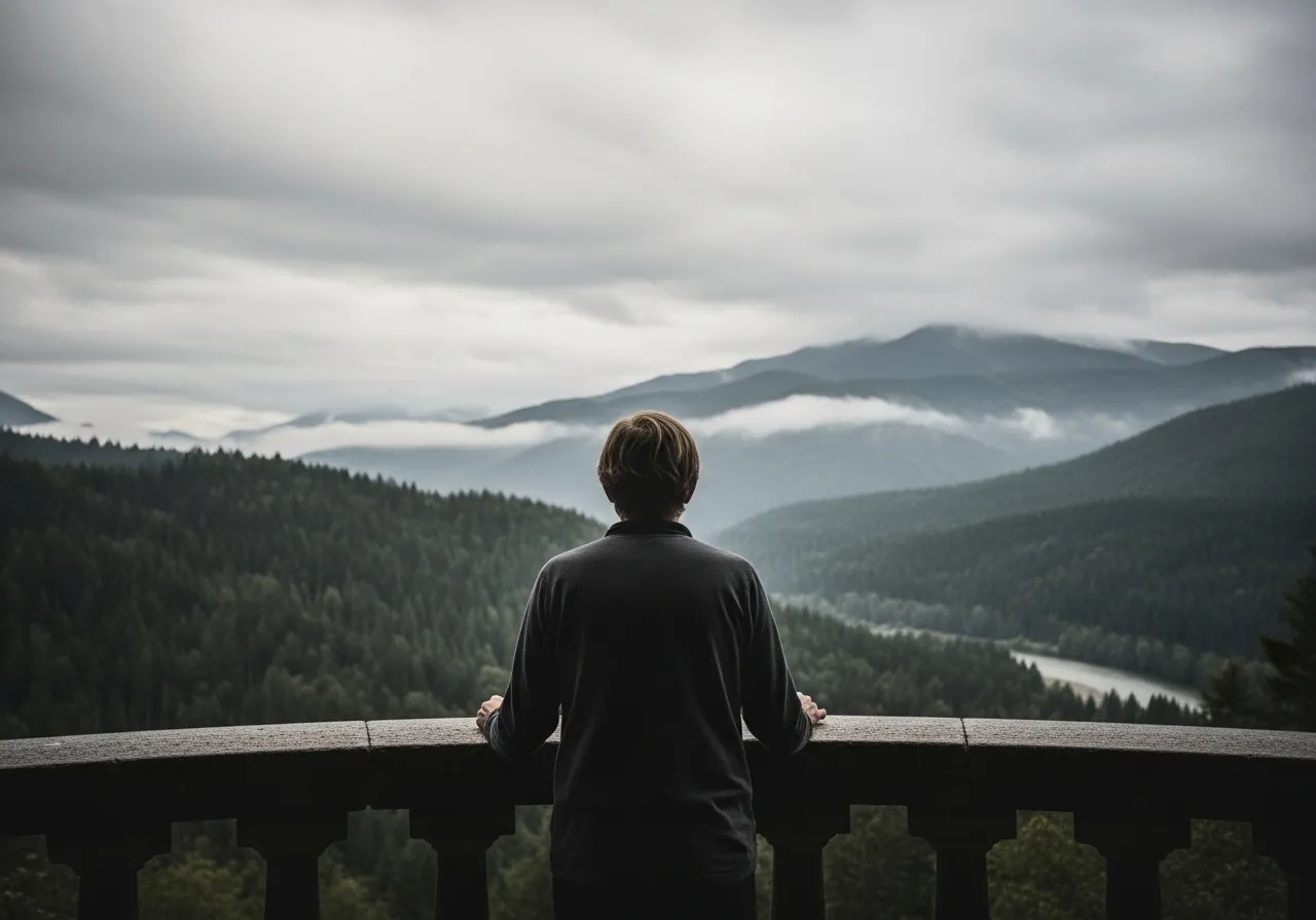 Medium shot of a person seen from behind, looking out at an expansive view from a balcony or overlook on an overcast day.