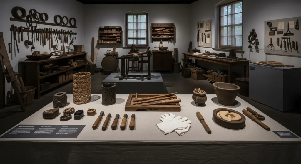 Wide view of an artist's studio or craftsman's workshop appropriate to unspecified, tied to , with period-accurate details and no modern elements.