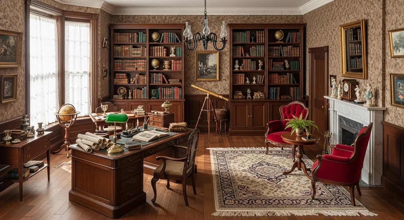 Wide view of a study/library/office/parlor appropriate to unspecified, tied to , with period-accurate details and no modern elements.