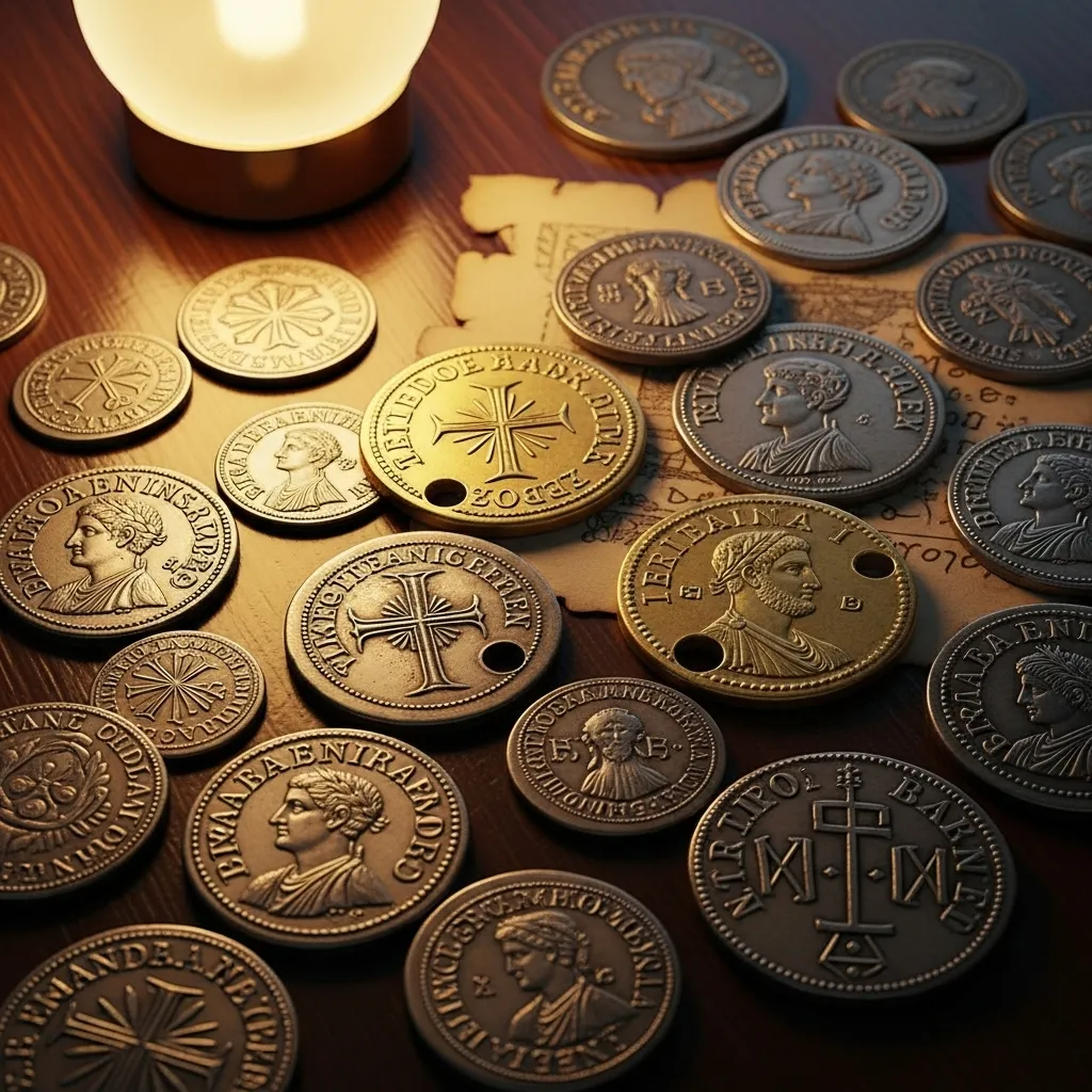 Detail view of historical coins and currency, appropriate to an unspecified era, with period-accurate details and no modern branding.