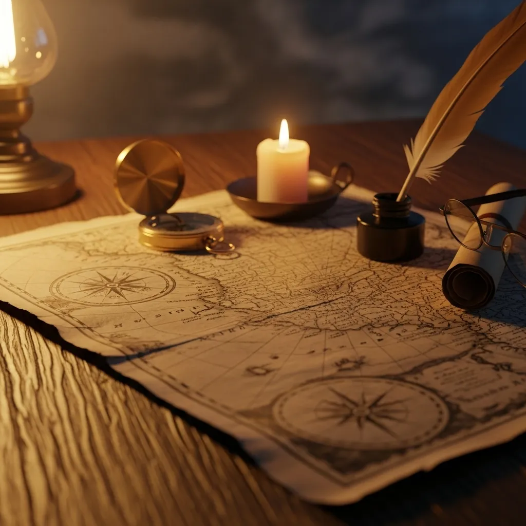 Detail view of a vintage or antique map spread out on a wooden table, illuminated by the warm glow of a lamp, with two mugs placed nearby suggesting a