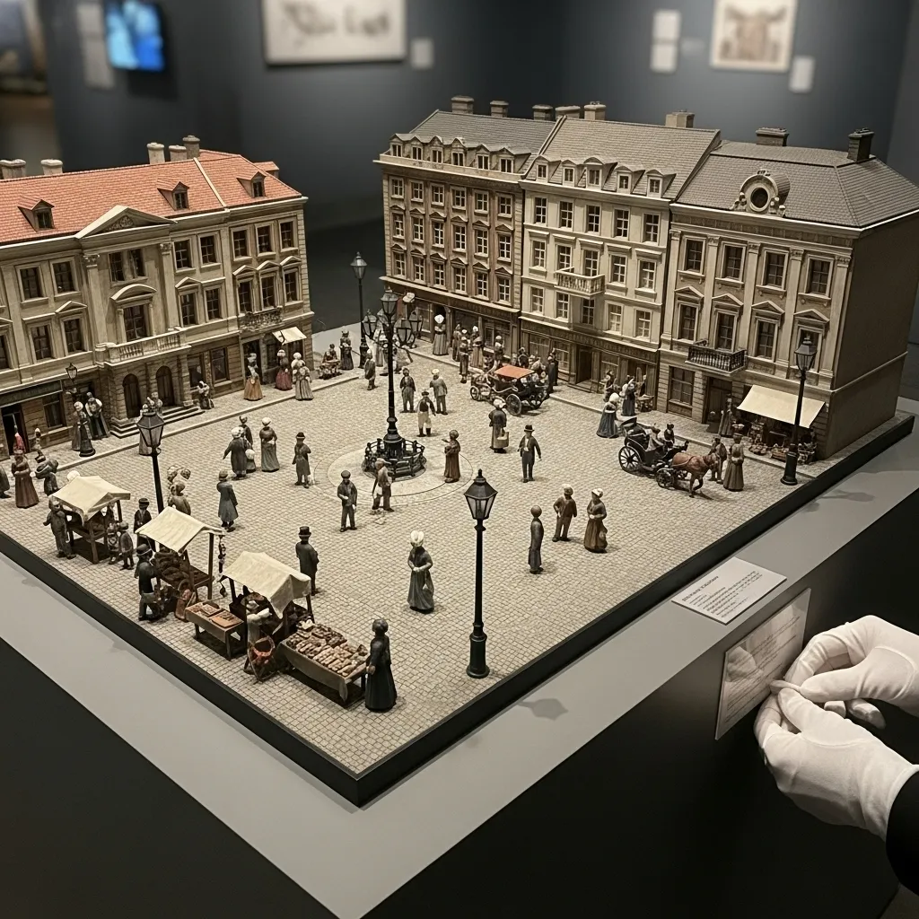 Wide view of a period street or public square appropriate to unspecified, tied to , with period-accurate details and no modern signage.