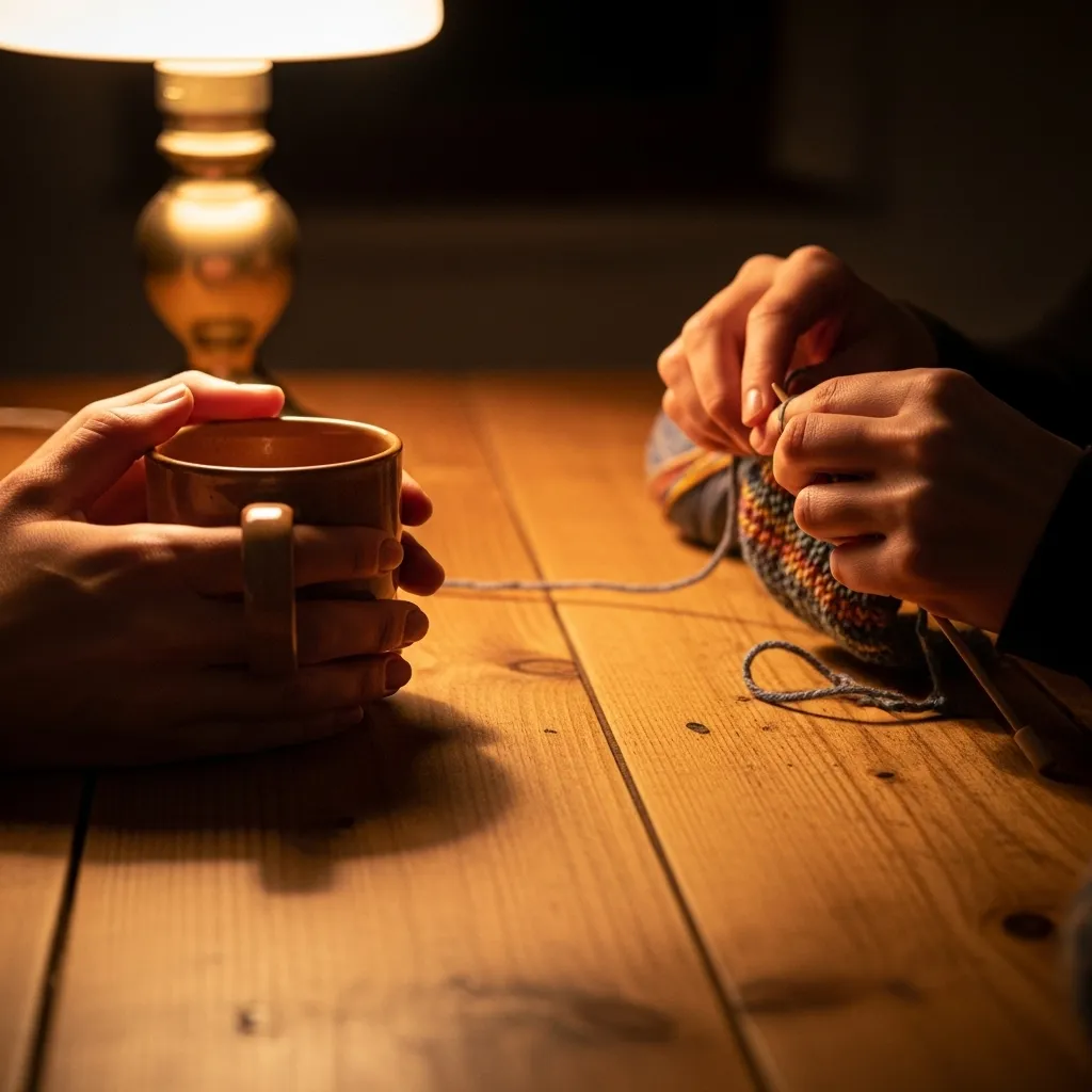 A close-up, top-down view of a wooden table where two pairs of hands are visible; one set holds a warm mug and the other works on a craft, all lit by 