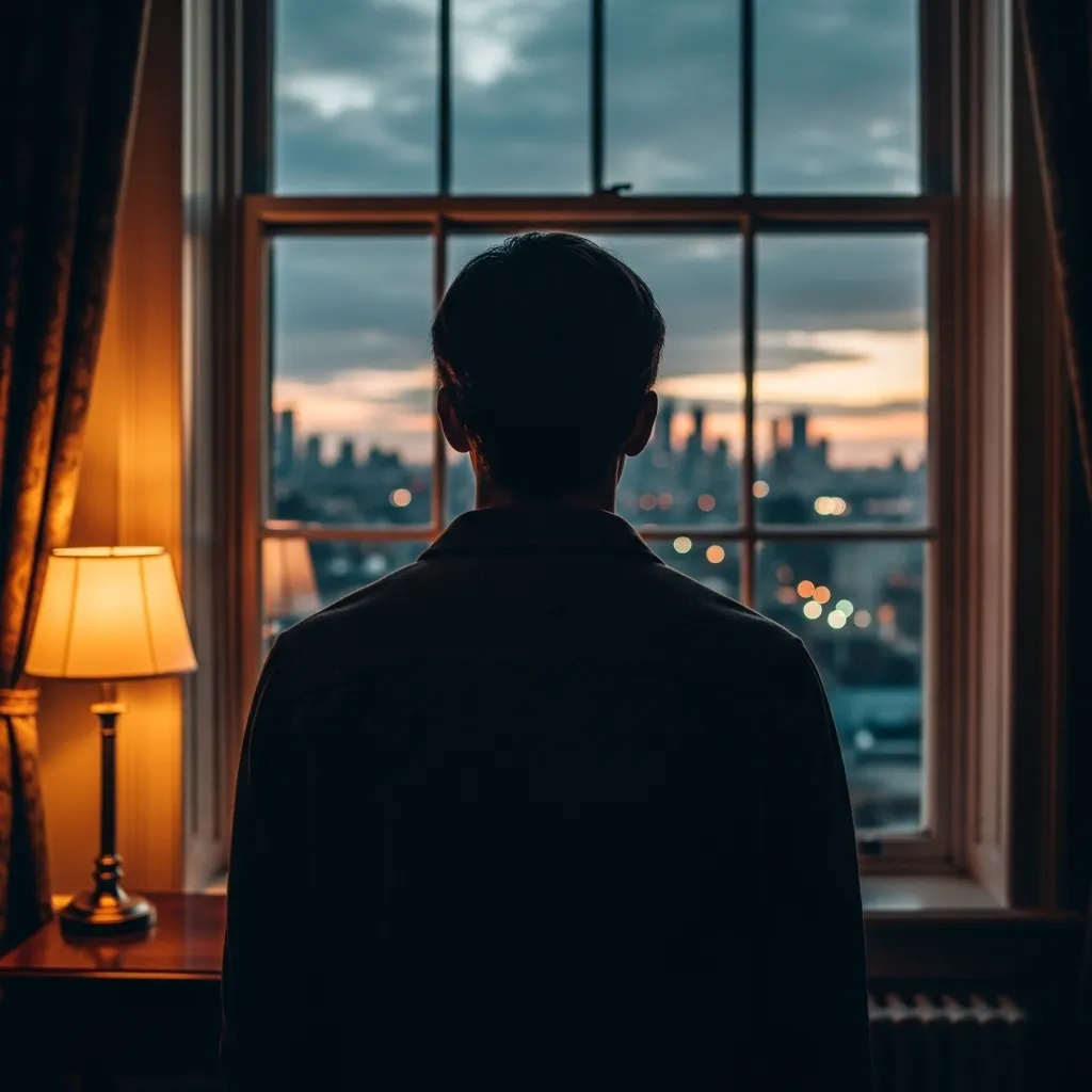 Detail view of the back of a person as they look out a window in the evening, with the interior lit by a warm lamp.