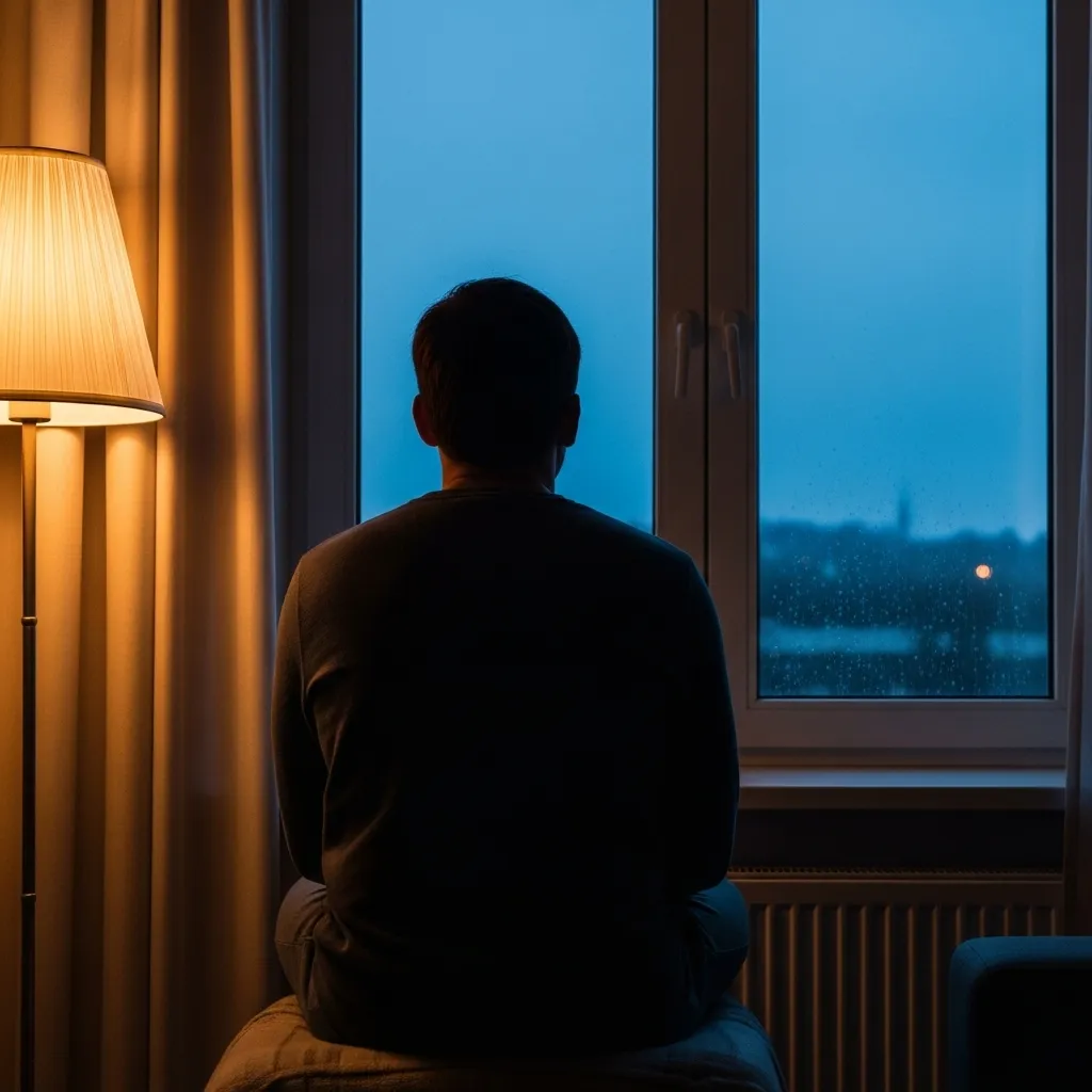Detail view of the back of an unidentifiable person as they stand in a dimly lit room, looking out a window at an evening or nighttime view.