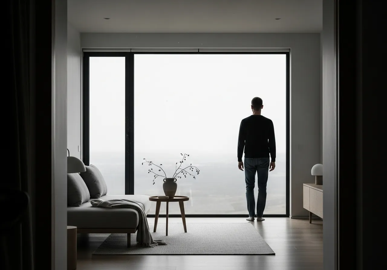 Medium shot of the back of a person standing in a room, looking out a window. The light is soft and the mood is calm.