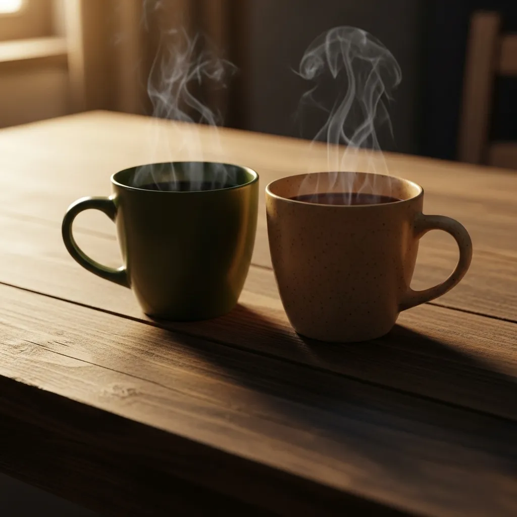 A cozy, detail shot of two warm mugs sitting on a wooden table, illuminated by soft lamplight in the evening. A still-life composition with a quiet, i