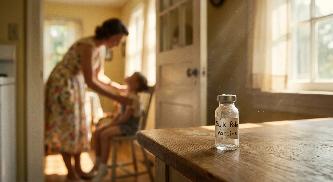 A 1950s-style photograph of a polio vaccine vial on a wooden table, with a family visible in the soft-focus background.