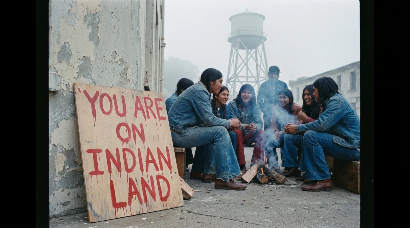 A 1960s-style film photo of the 'Indian Land' sign at Alcatraz with activists in the background.