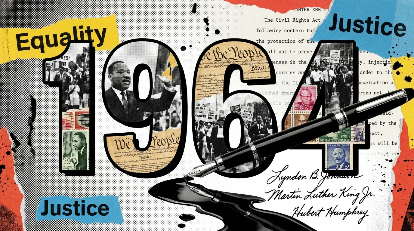 A 1964-themed collage with protest photos, postage stamps, and a fountain pen signing across the date.