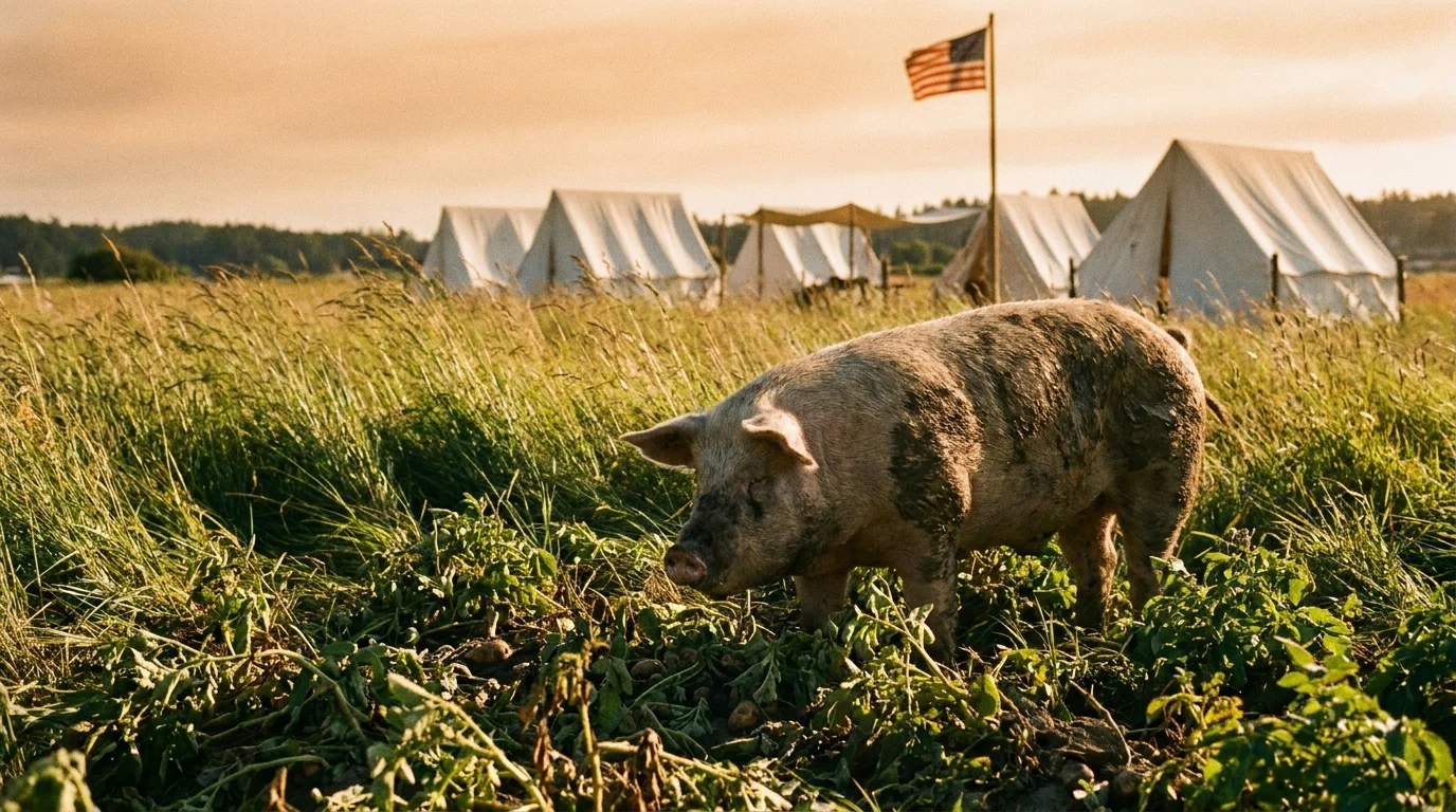 A 35mm film style photo of a pig in a potato garden with military tents in the background on San Juan Island.