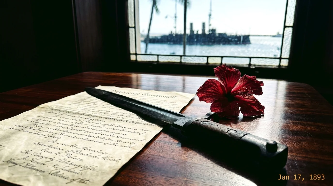 A close-up photo of a government document, a bayonet, and a wilted hibiscus flower on a wooden table.