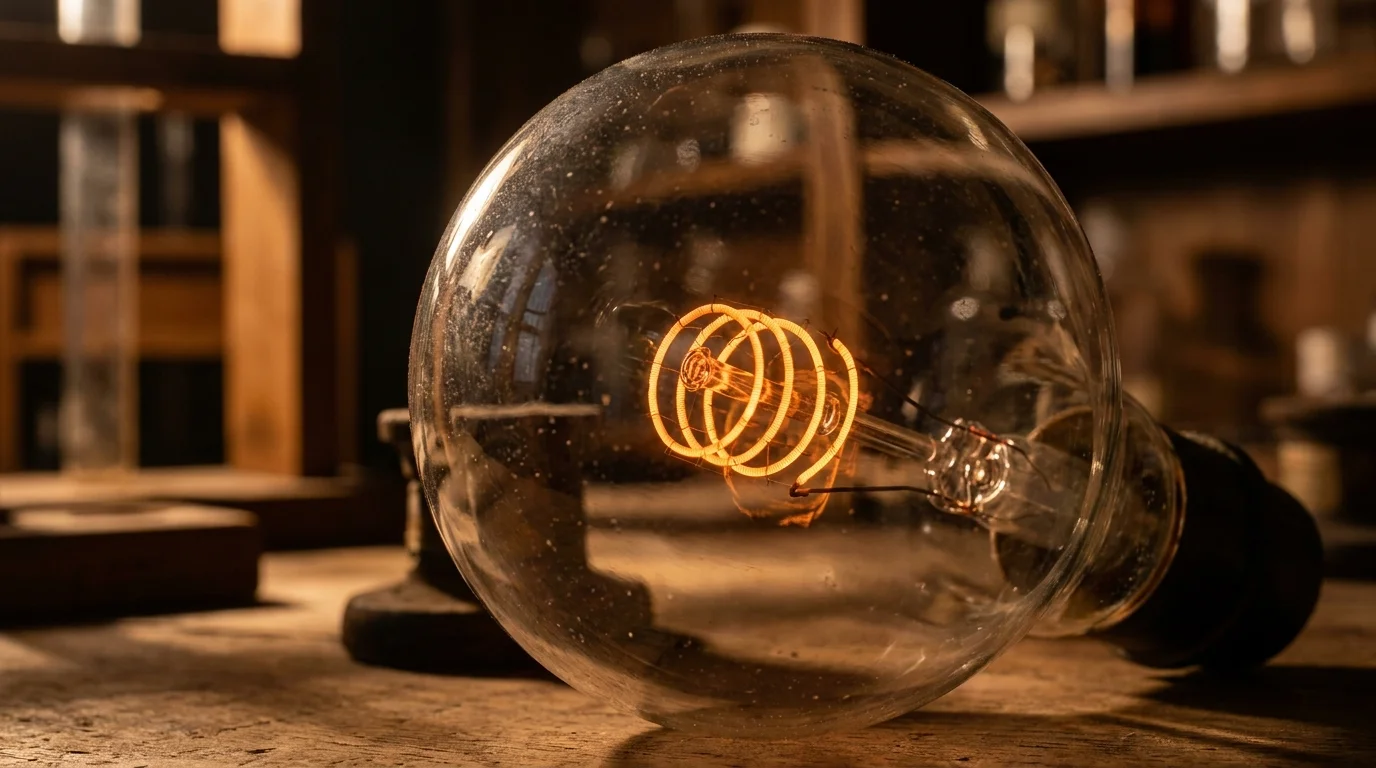 A close-up photograph of a glowing carbon filament inside an early incandescent light bulb, casting a warm orange light.