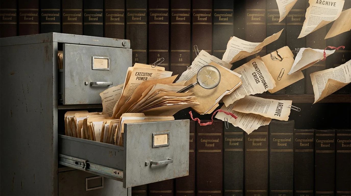 A collage of an open file cabinet with documents flying out like birds against a background of library shelves.