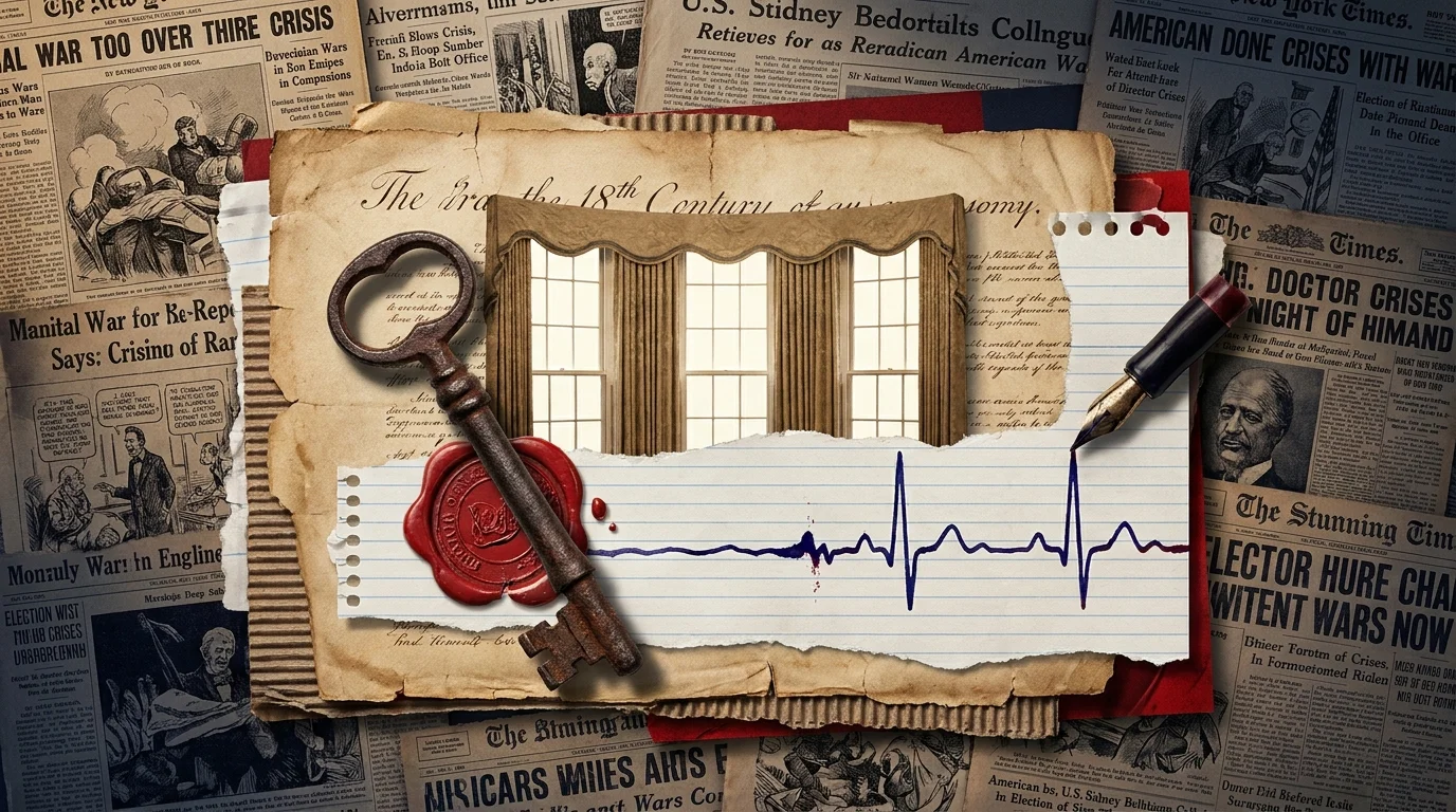 A collage of an Oval Office window made of aged parchment, a fountain pen, and a red wax seal, symbolizing presidential power.