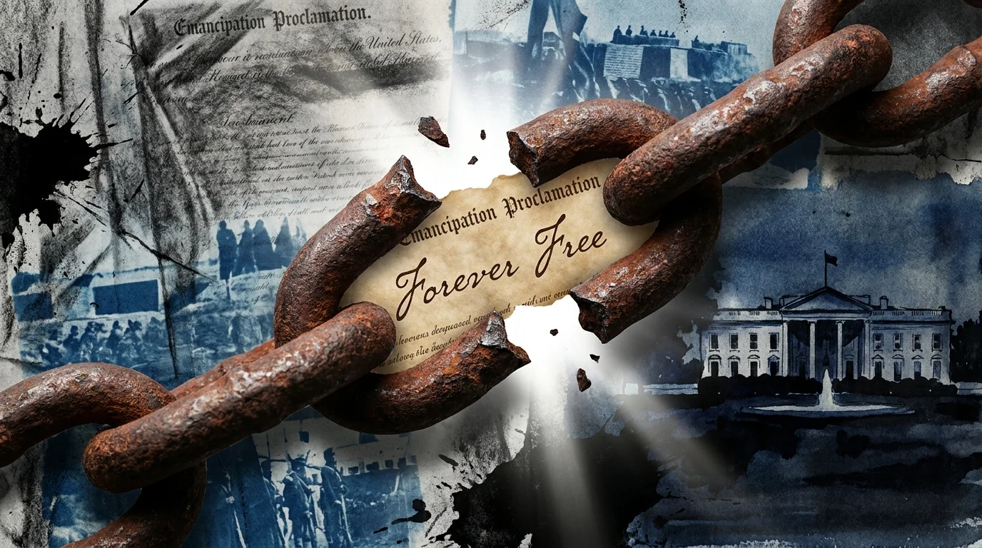 A collage showing a broken iron chain with the text 'Forever Free' from the Emancipation Proclamation visible in the break.