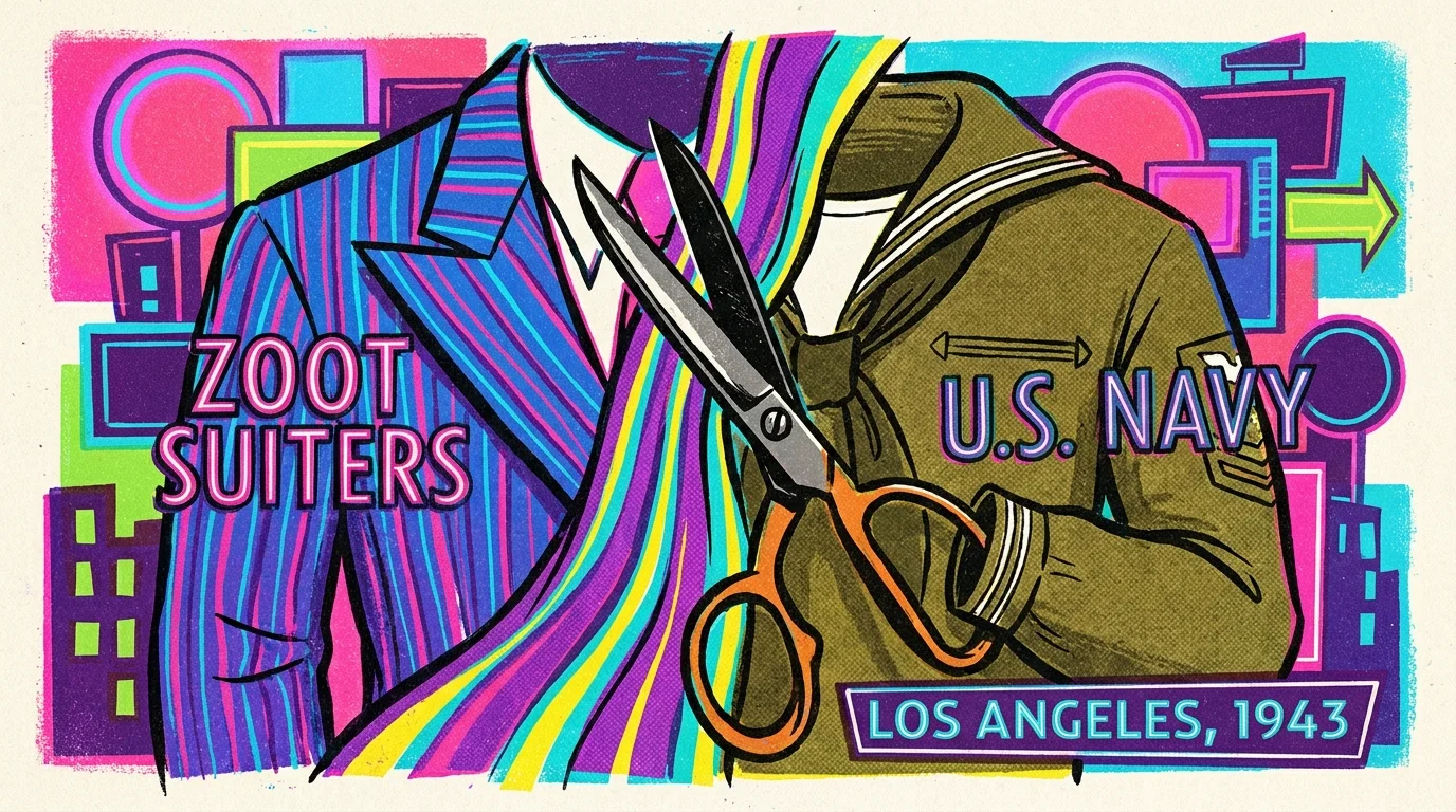 A graphic screenprint-style illustration showing the clash between a stylish zoot suit and a military uniform.
