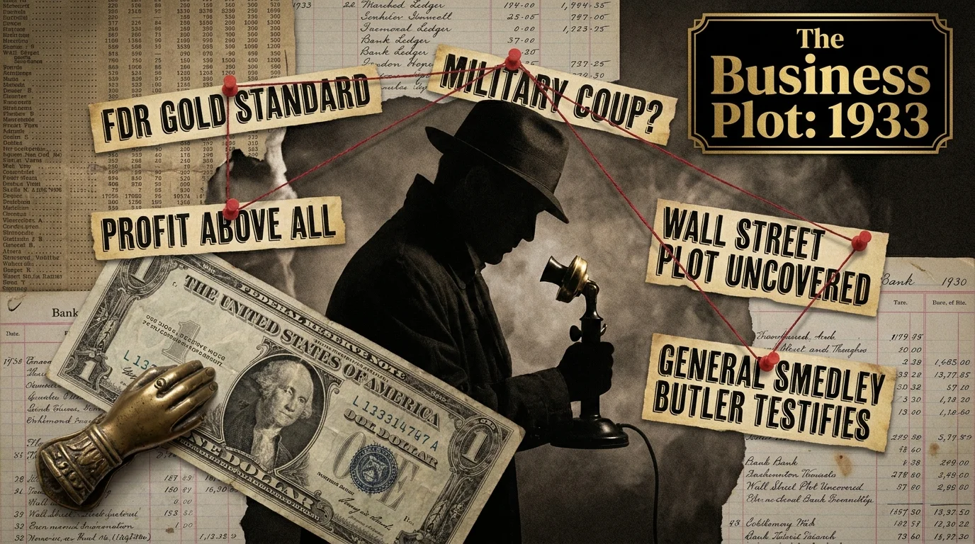 A noir-style collage featuring stock tickers, a silhouetted figure, and headlines about a plot against FDR.